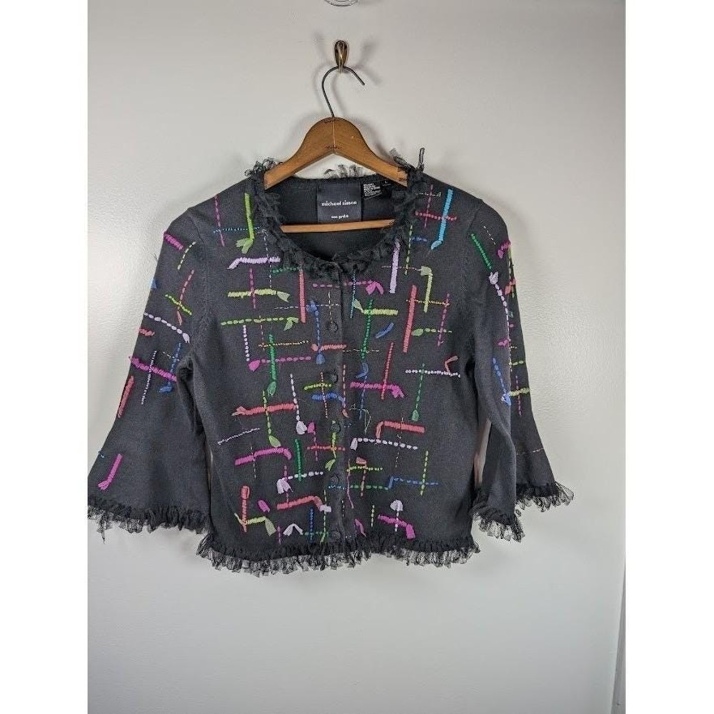 Michael Simon Cardigan Sweater Large Women's Embroidered Artsy Tulle Bell Sleeve